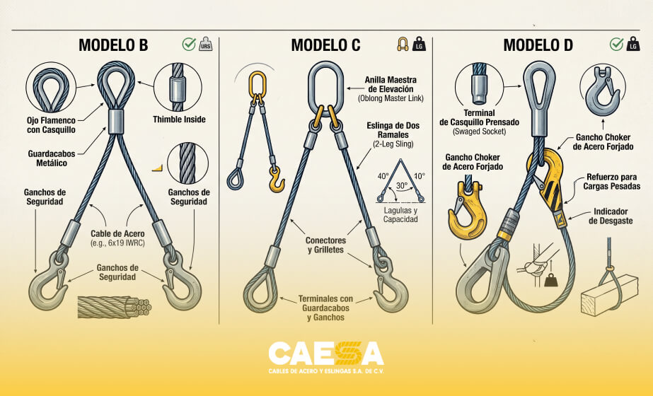 Estrobos de cable de acero: Modelo B, Modelo C y Modelo D.